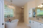 Master bathroom with tub and walk-in shower