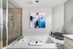 Master bathroom with garden tub and walk in shower