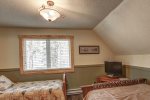 Queen bed with twin bunks