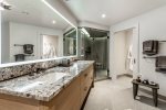 Primary Bedroom Ensuite Bath with Double Vanity & Large Walk In Steam Shower with Double Shower Heads