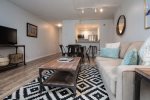 Fireplace in Living Area with Queen Sleeper Sofa