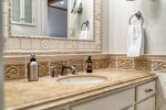 Combined shower and tub, free toiletries, hair dryer, bathrobes