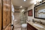Combined shower and tub, free toiletries, hair dryer, bathrobes