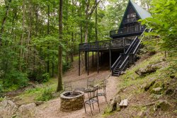 Newly Updated-Falling Waters at Mustang Creek - Amazing A-Frame with multiple decks, hot tub, & your very own waterfall!