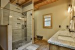 Master bedroom private bath with double vanity and walk-in shower