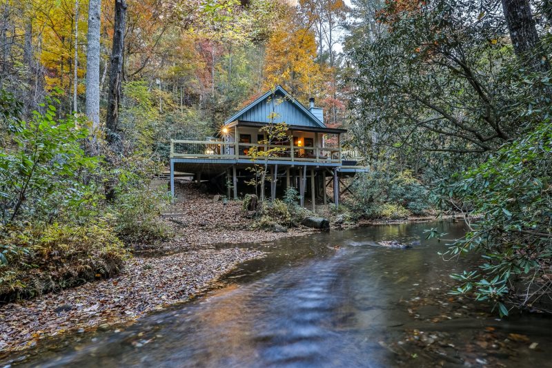 log cabin in the woods stream