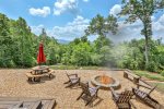 Outdoor eating area and firepit with long range views
