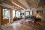 Leather sofa, large LCD TV, daybed in window