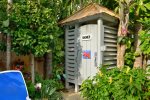 Ever showered outdoors  This is the perfect outdoor shower w/hot, cold water and bath amenities