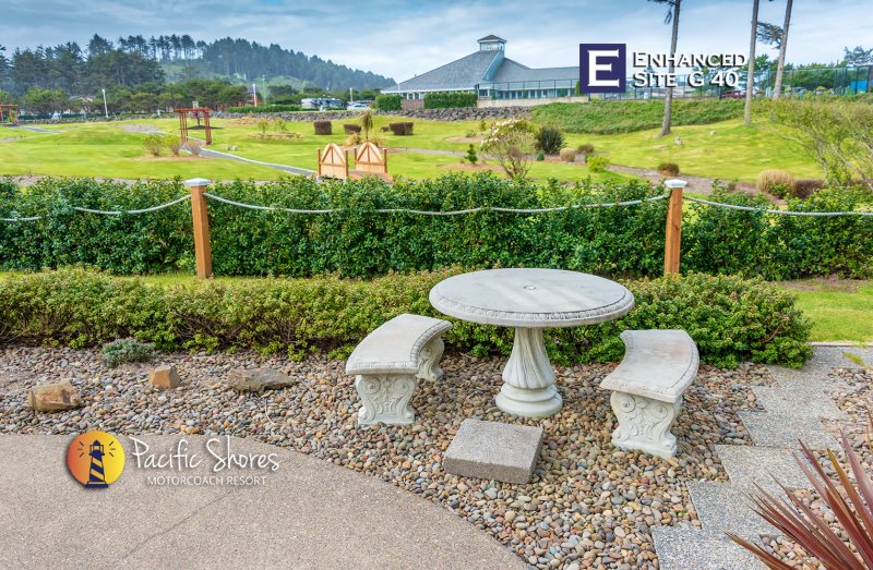 Welcome To Pacific Ss The Ultimate Year Round Motorcoach Resort Available With 50amp 30amp Water Sewer Hook Up S Cable Tv Wifi Greenbelt Setting Enhanced Site Rock Patio Round Concrete Table Close To Trails