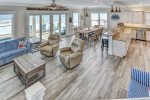 The open living and kitchen area features a beautiful view of the Gulf of Mexico