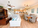 Open-concept living, dining and kitchen area