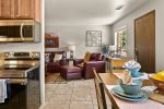 View of kitchen, living, dining area