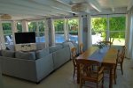 Family Room overlooking BBQ Fireplace area and swimming pool.