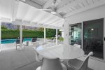 Poolside Covered Patio With Alfresco Dining For Six And Ceiling Fan