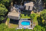 Aerial view vacation rental with pool located in Eastham, Cape Cod. Driveway fits 4 cars