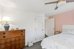 Queen bedroom storage and clean layout, easy unpacking for weeklong Cape Cod vacations in Eastham.