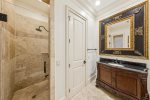 Walk-in shower for king bed on main floor