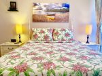 Relax in the cool bedroom with queen bed