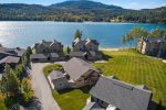 Aerial view of townhome and waterfront neighborhood