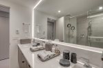 Guest Bathroom Features Double Vanity & Shower