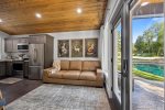 Living room with views of water