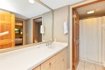 Spacious basement bathroom with tons of counter space